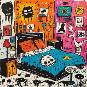 bedroom  skull  interior  items  painting  colorful  surreal  whimsical  imaginative  domestic 1077276