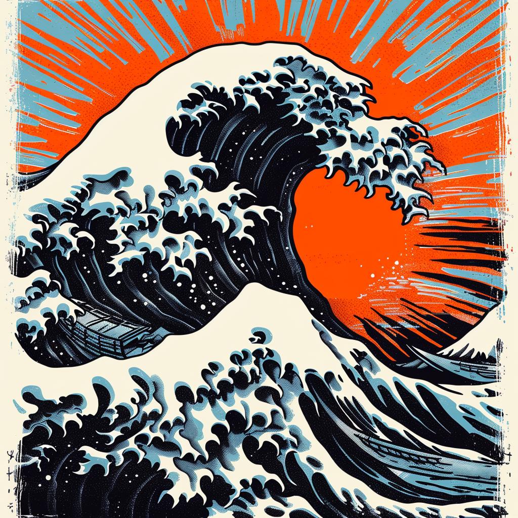 wave  poster  art  japanese  vintage  galaxy  pulsar  teal  orange  sunrise 941748