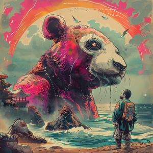 chromolithography  beach  artwork  man  bear  vibrant  Nychos  colorful  stylized  Quint 1039321