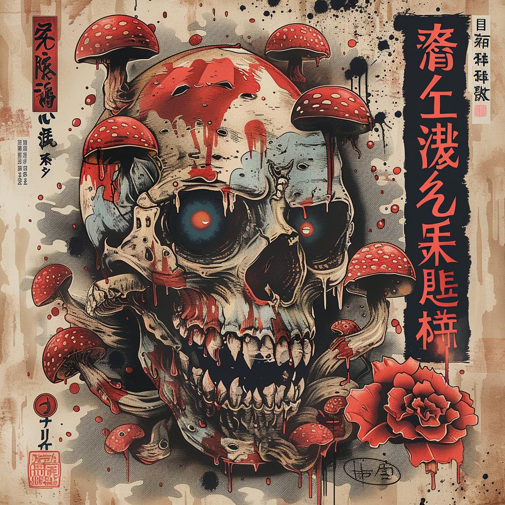 skull  mushrooms  poster  dark  mystical  Japanese  chromolithography  art  horror  design 1036134