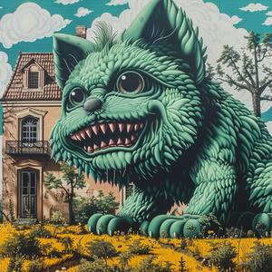 green  cat  house  background  minimal  chromolithography  Maurice  Sendak  surreal  illustration 1037333