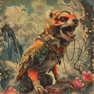raccoon  bird  painting  chromolithography  animal  nature  illustration  whimsical  colorful  cute 1051120