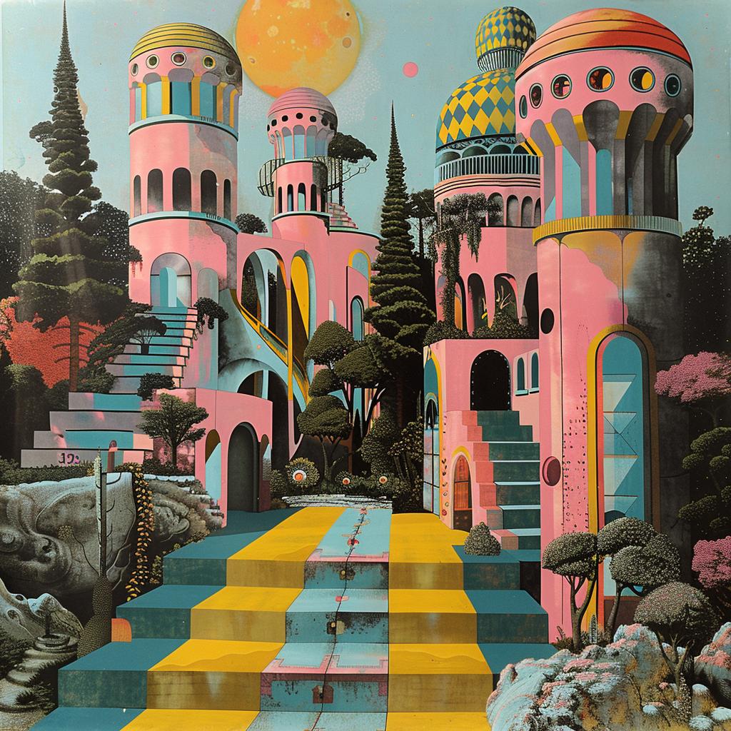 surreal  album  cover  hyper-realistic  screenprinting  Alexander  Girard  castle  steps  landscape 960418