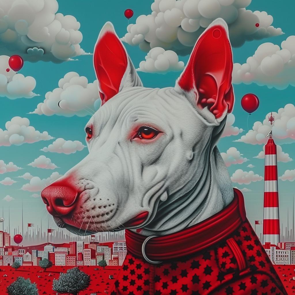 bullterrier  dog  painting  redshirt  balloons  cute  animal  whimsical  portrait  vibrant 940857