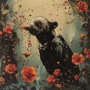 crow  flowers  chromolithography  painting  nature  art  colorful  illustration  decorative  background 1049252