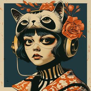 surreal  album  cover  woman  headphones  cat  head  Risograph  art  design 1074795