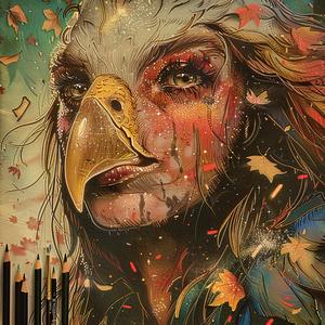 رسم وجه امرأة نسر لامع، صورة سريالية، فن رمزي مركب 1054564