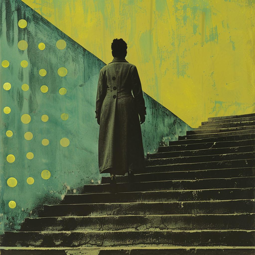 lady  stairs  coat  playful  geometric  dadaist  photomontage  polka  dots  yellow 1019744