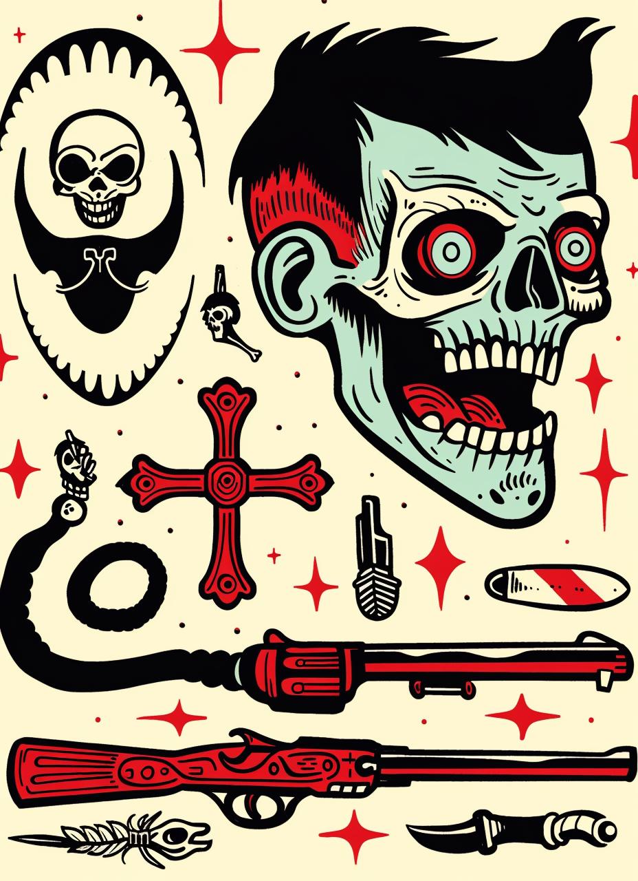 decal  illustration  rocknroll  horror  skulls  guns  tattoo  graphic  style  black 943311