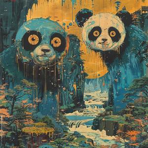 panda  waterfall  three-eyed  ominous  occult  Surrealism  ArtNouveau  pointillism  gold  teal 1077092