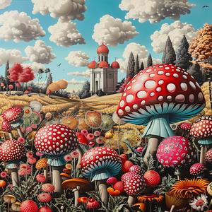 mushrooms  castle  surreal  chaos  painting  fantasy  colorful  nature  whimsical  landscape 1037380