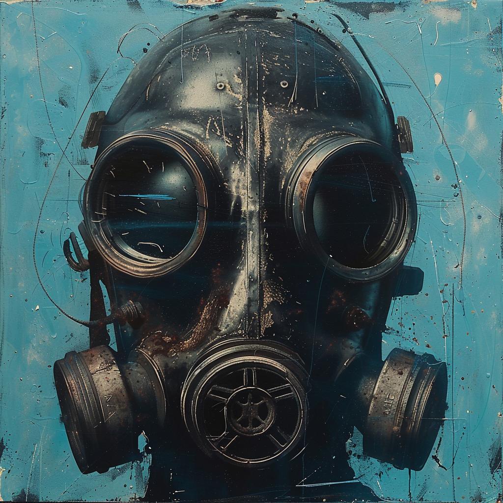 surreal  album  cover  hyper-realistic  screenprinting  gasmask  futuristic  encaustic  background  blue 959949