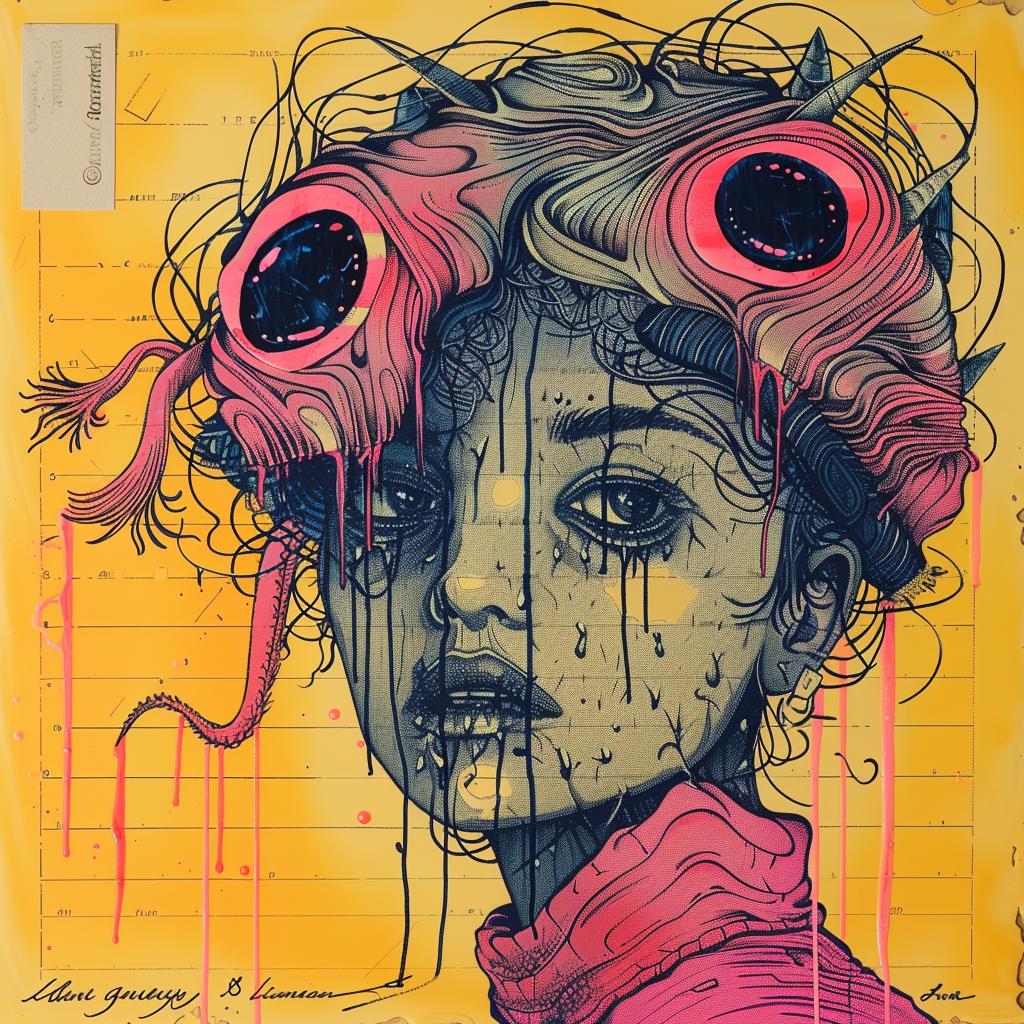 painting  woman  big  eyes  pink  sweater  encaustic  impasto  vibrant  colorful 947651