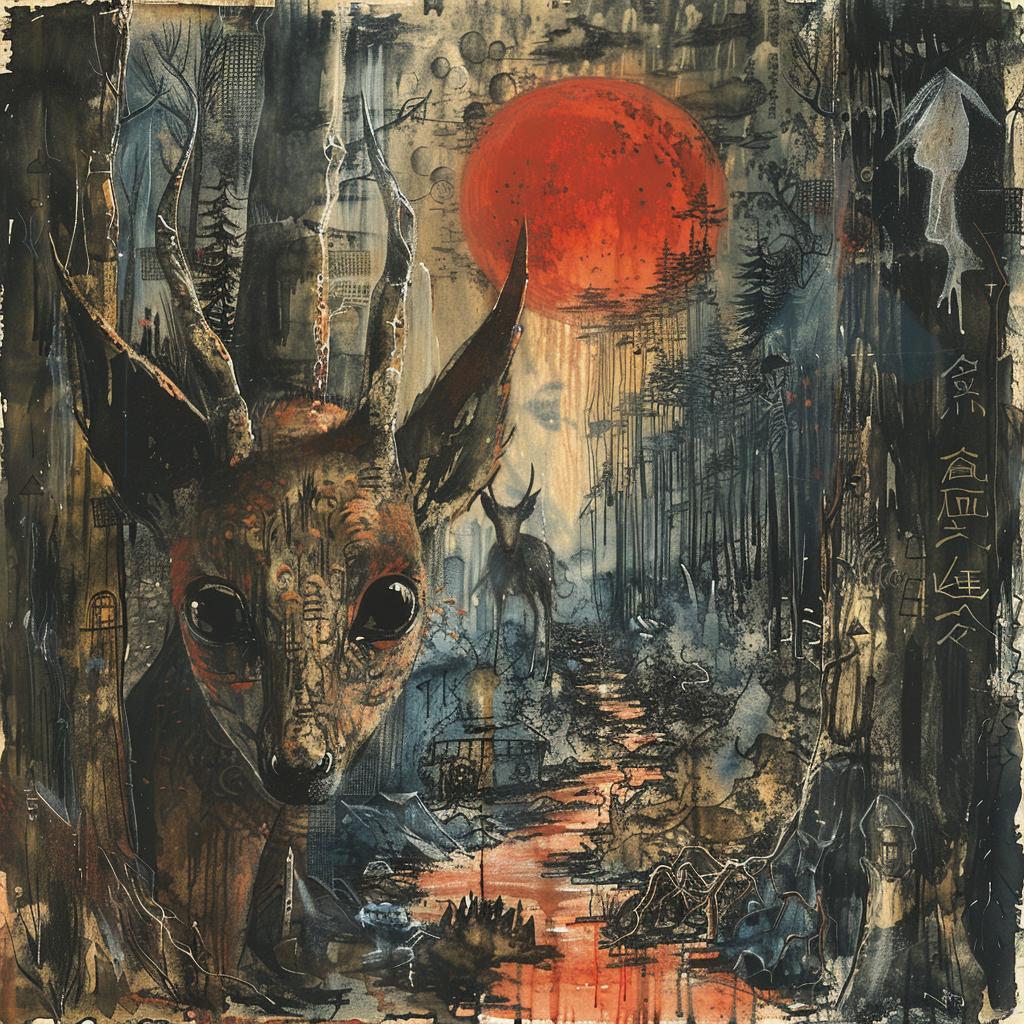twin  peaks  Japanese  concept  art  deer  woods  red  sun  nature 1021828