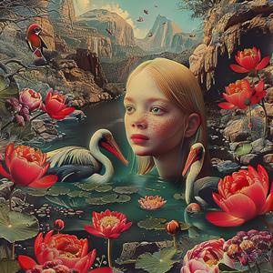 girl  flowers  birds  water  chromolithography  colorful  nature  illustration  whimsical  scene 1058766