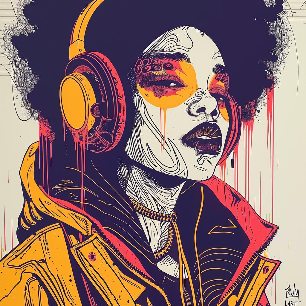 Pop  Art  DJ  afro  headphones  makeup  dripping  woman  drawing  portrait 939146