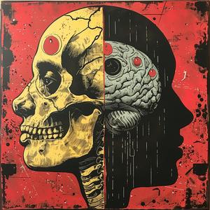 surreal  album  cover  skull  brain  red  eyes  symbolist  hyper-realistic  risograph 1079212