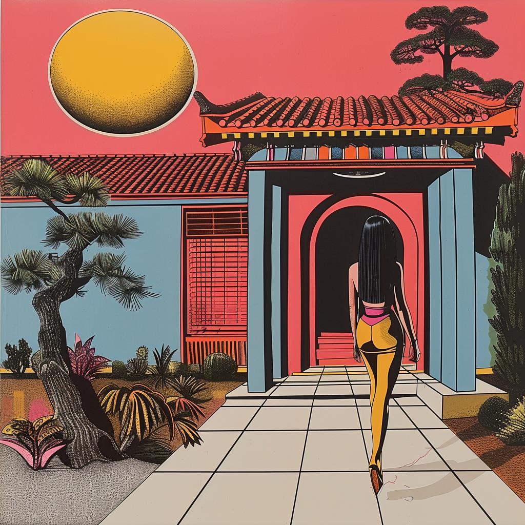 horror  novel  Japanese  minimalism  woman  path  building  painting  style  art 1020605