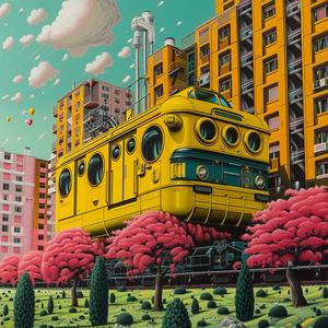 chromolithography  minimal  yellow  train  buildings  Stalenhag  urban  transport  abstract  composition 1037760