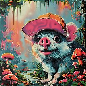 pig  hat  mushrooms  painting  art  colorful  whimsical  animal  illustration  chromolithography 1052453