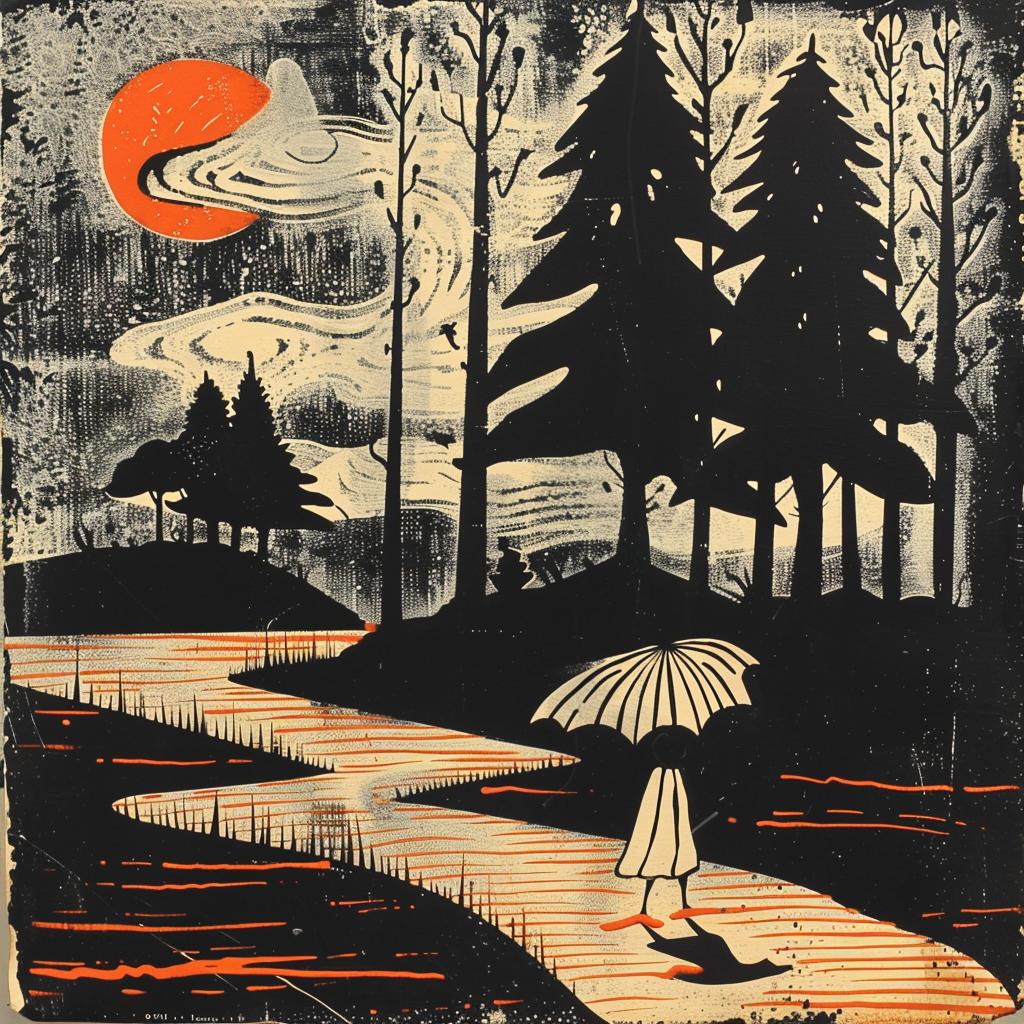 woman  walking  path  umbrella  landscape  nature  colorful  impressionistic  whimsical  serene 926956