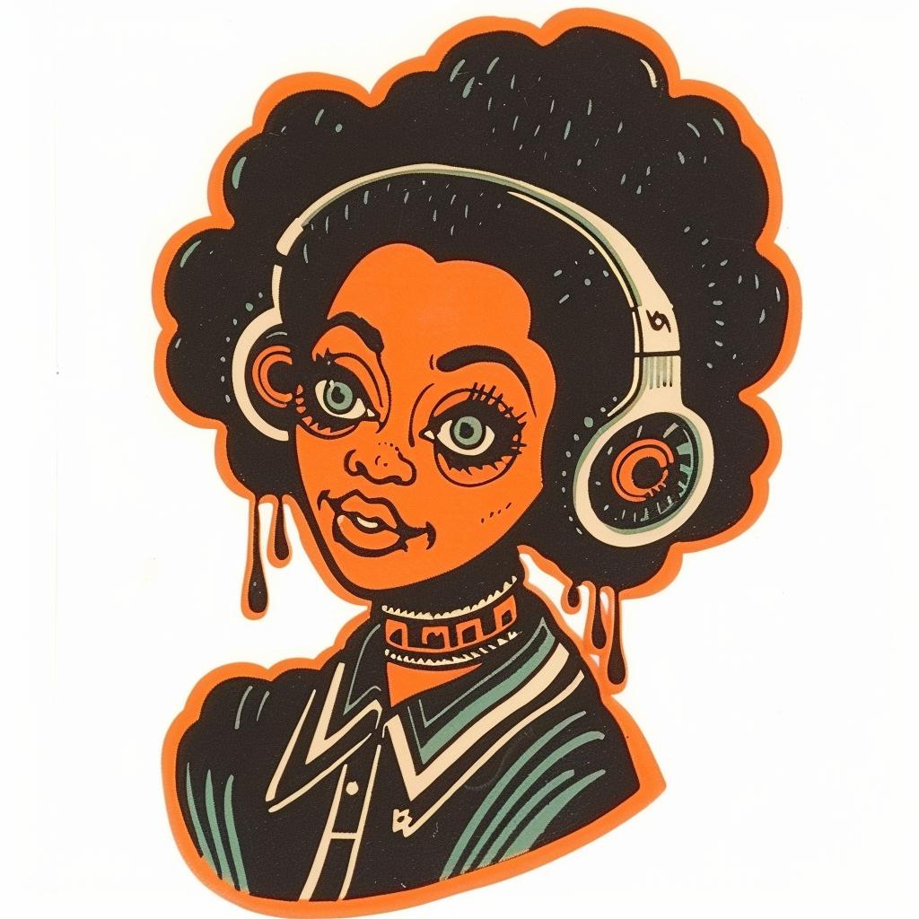 PopArt DJ AfricanAmerican سماعات رأس مكياج أفريقي TroyBrooks ملصق موسيقى أنثى 939102