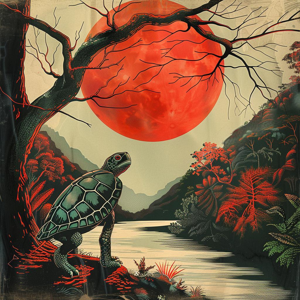 chromolithography  turtle  red  moon  poster  art  color  vibrant  print  graphic 1019361
