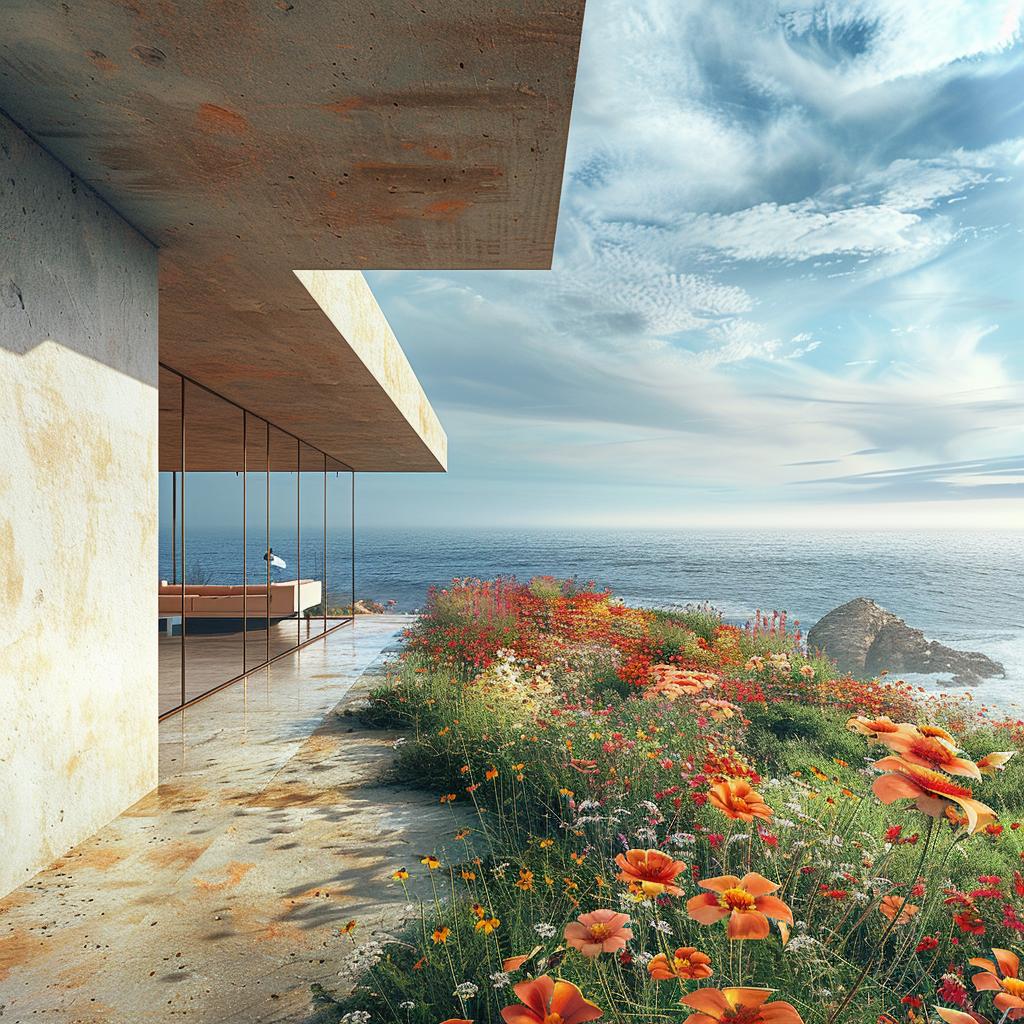 LeCorbusier  architecture  ocean  surrounded  flowers  rendering  modern  landscape  colorful  design 1036423