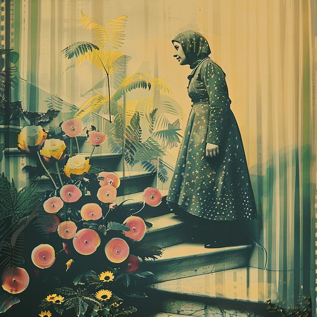 woman  stairs  flowers  chromolithography  standing  vintage  black  white  stylized  art 1020970