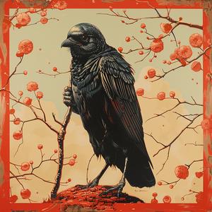 crow  branch  red  berries  chromolithography  nature  bird  detailed  artistic  colorful 1049401