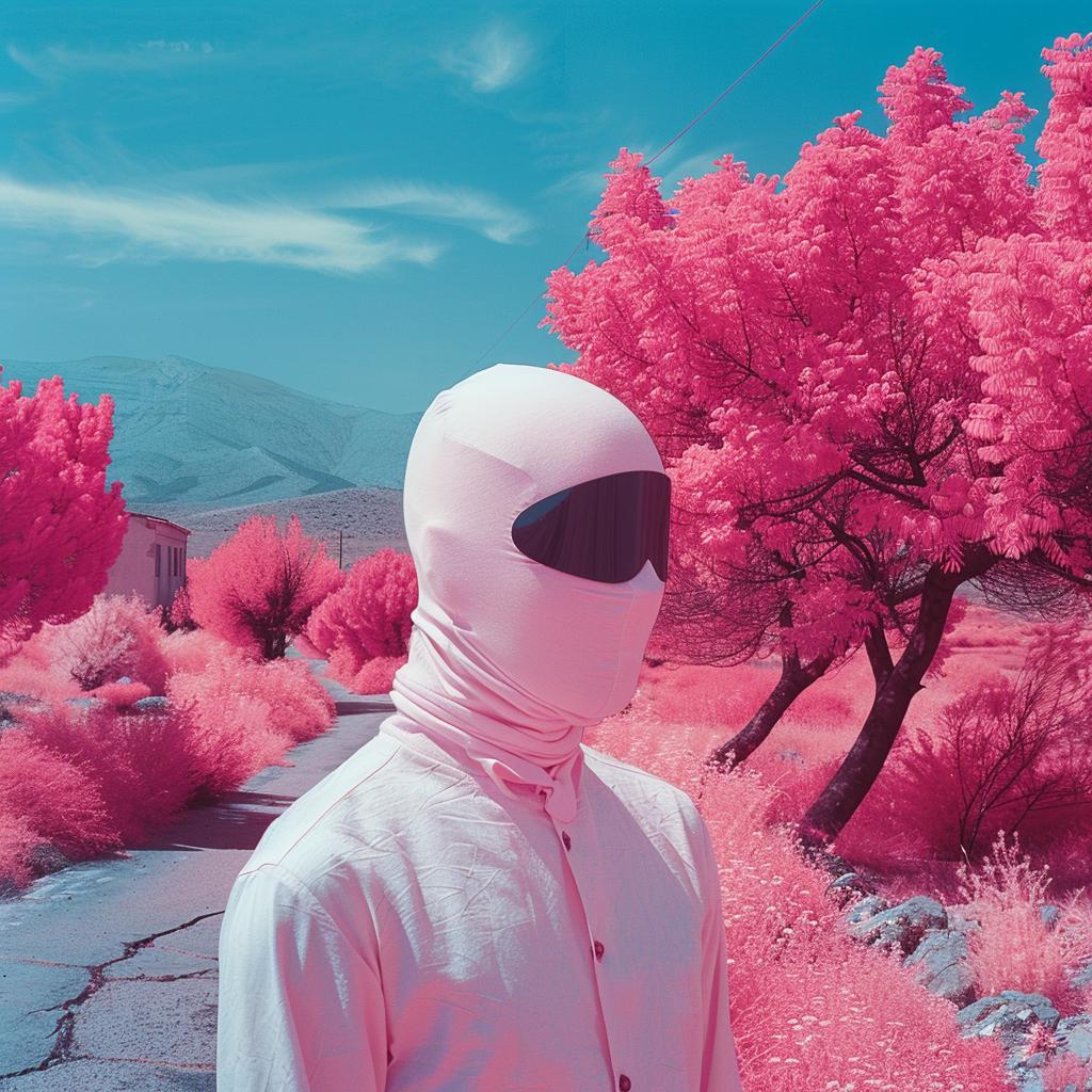 surreal  album  cover  infrared  man  mask  pink  trees  creative  art 1019143