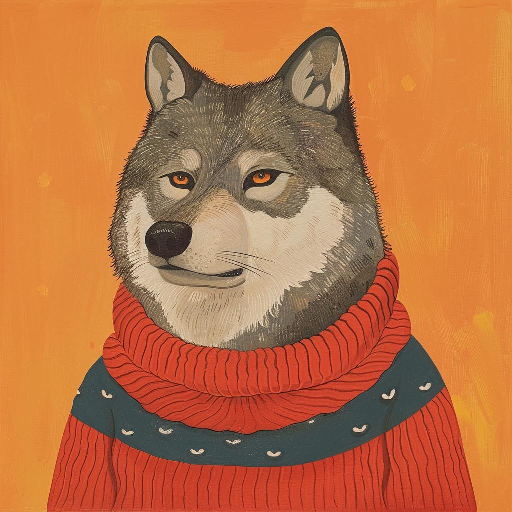 surreal  album  cover  wolf  sweater  orange  humor  playful  vibrant  Joan 978319