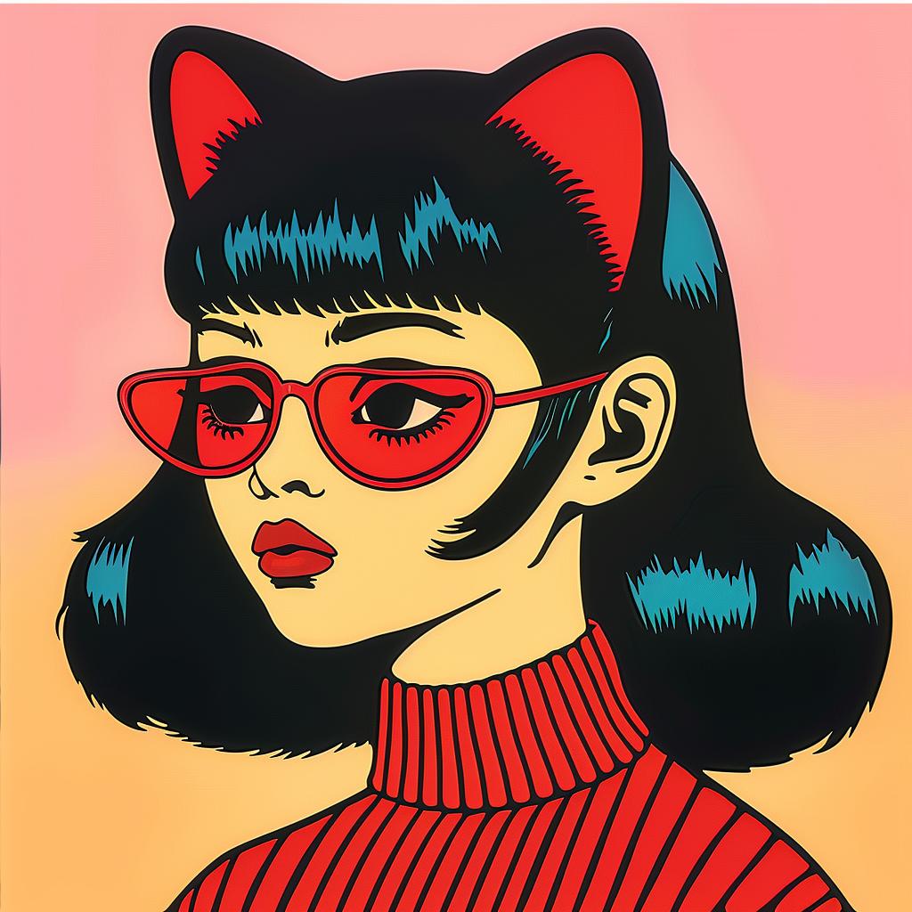 pop  art  girl  cat  ears  red  glasses  illustration  vibrant  whimsical 966594