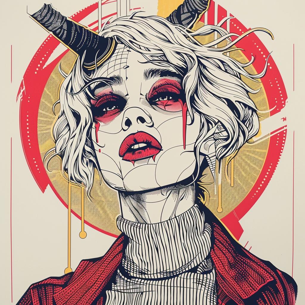 Pop Art  female  demon  four eyes  horns  dripping  eye makeup  Troy Brooks  white background  illustration 939311