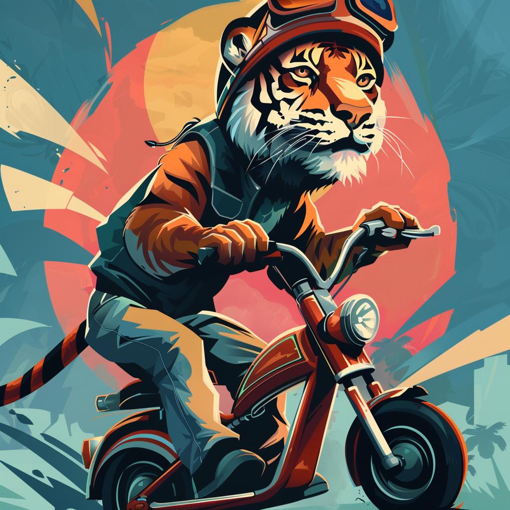 tiger  scooter  motorcycle  goggles  animal  whimsical  illustration  playful  cartoon  fun 1026184