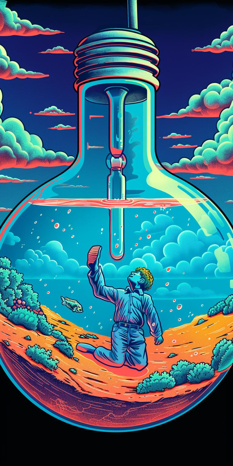 lightbulb  liquid  man  lab  coat  scientific  surreal  conceptual  illustration  poster 940655