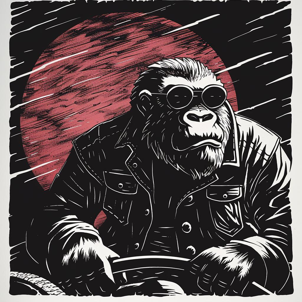 gorilla  driving  hot  rod  anthropomorphic  car  sun  background  stylized  playful 1025728