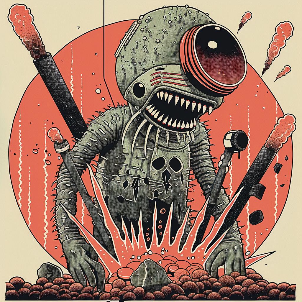 poster  cartoon  alien  knife  humor  illustration  vibrant  colorful  surreal  whimsical 947176