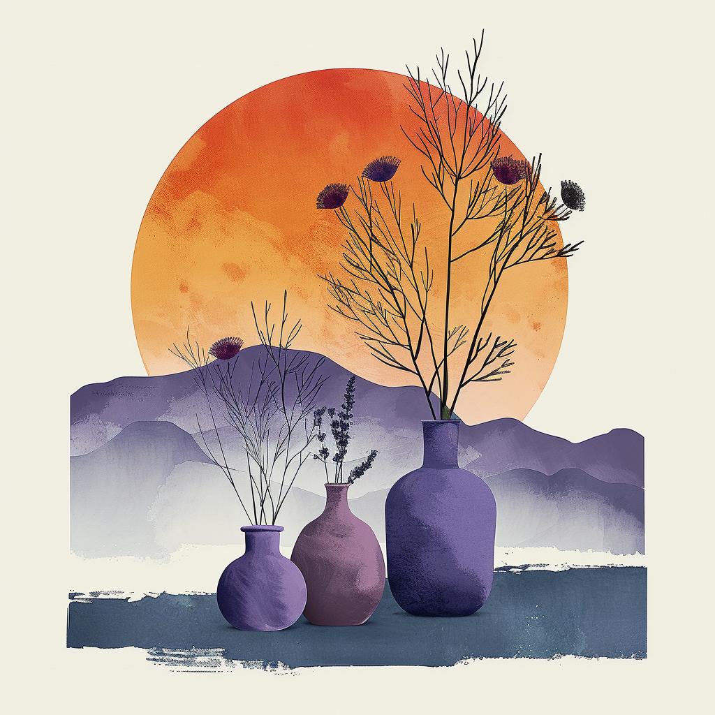 watercolor  purple  Boho  Mid Century  abstract  flowers  vases  mountains  illustration  clean 1032673