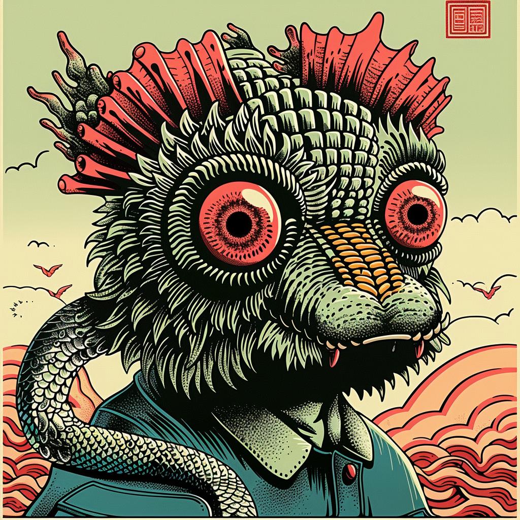 poster  lizard  red  eyes  creature  Japanese  lettering  graphics  art  vintage 945981