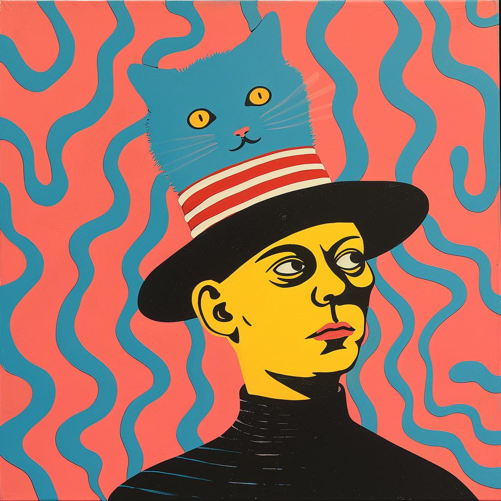 man  hat  cat  surreal  painting  creative  album  cover  whimsical  colorful 1017786