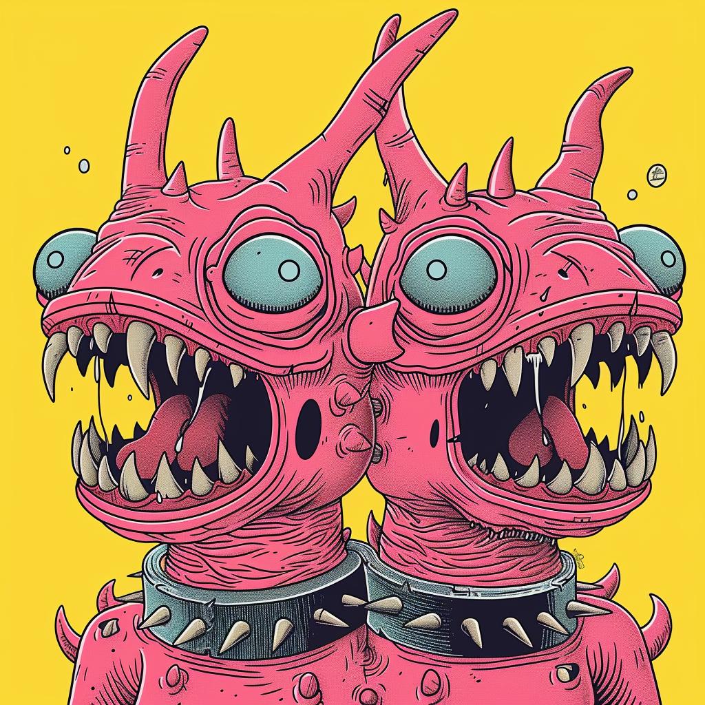 bunyipa  two-headed  monsters  pink  teeth  creature  comic  spiked  collar  art 927914