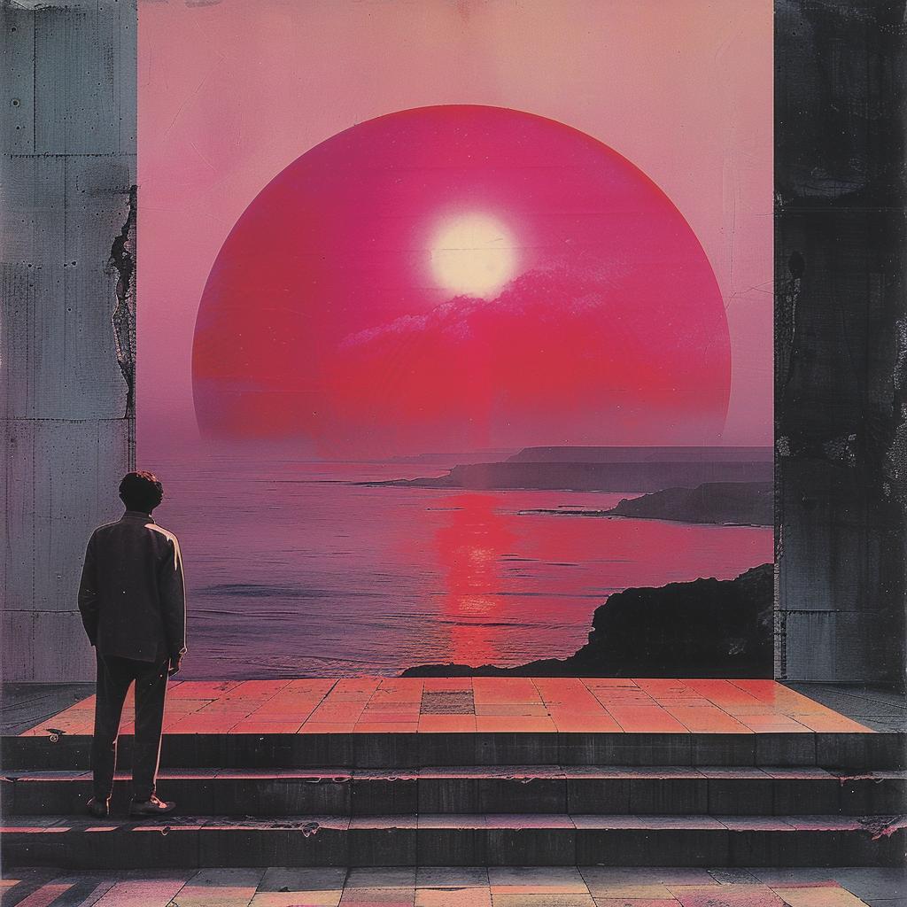 album  cover  1980s  synthwave  trippy  geometric  man  large  red  sun 960798