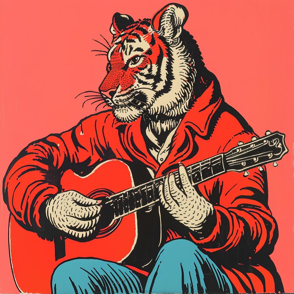 tiger  guitar  acoustic  red  background  playful  music  anthropomorphic  art  Norman 922081
