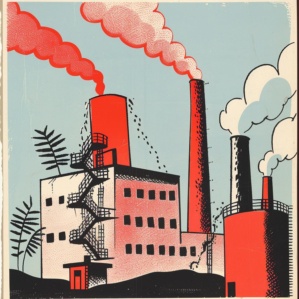 poster  industrial  brutalist  graphics  flatdesign  1940s  minimalist  factory  smoke  chimneys 922475