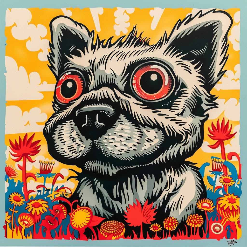 dog  creature  red  eyes  flowers  blue  background  whimsical  artwork  graphic 1032799