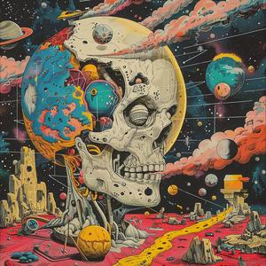 album  cover  skull  planets  spaceships  Risograph  Symbolist  hyper-realistic  art  creative 1078271