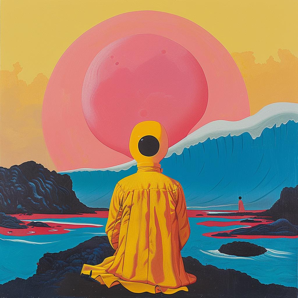 surreal  beach  pink  sun  man  painting  creative  album  cover  Joan 1018427