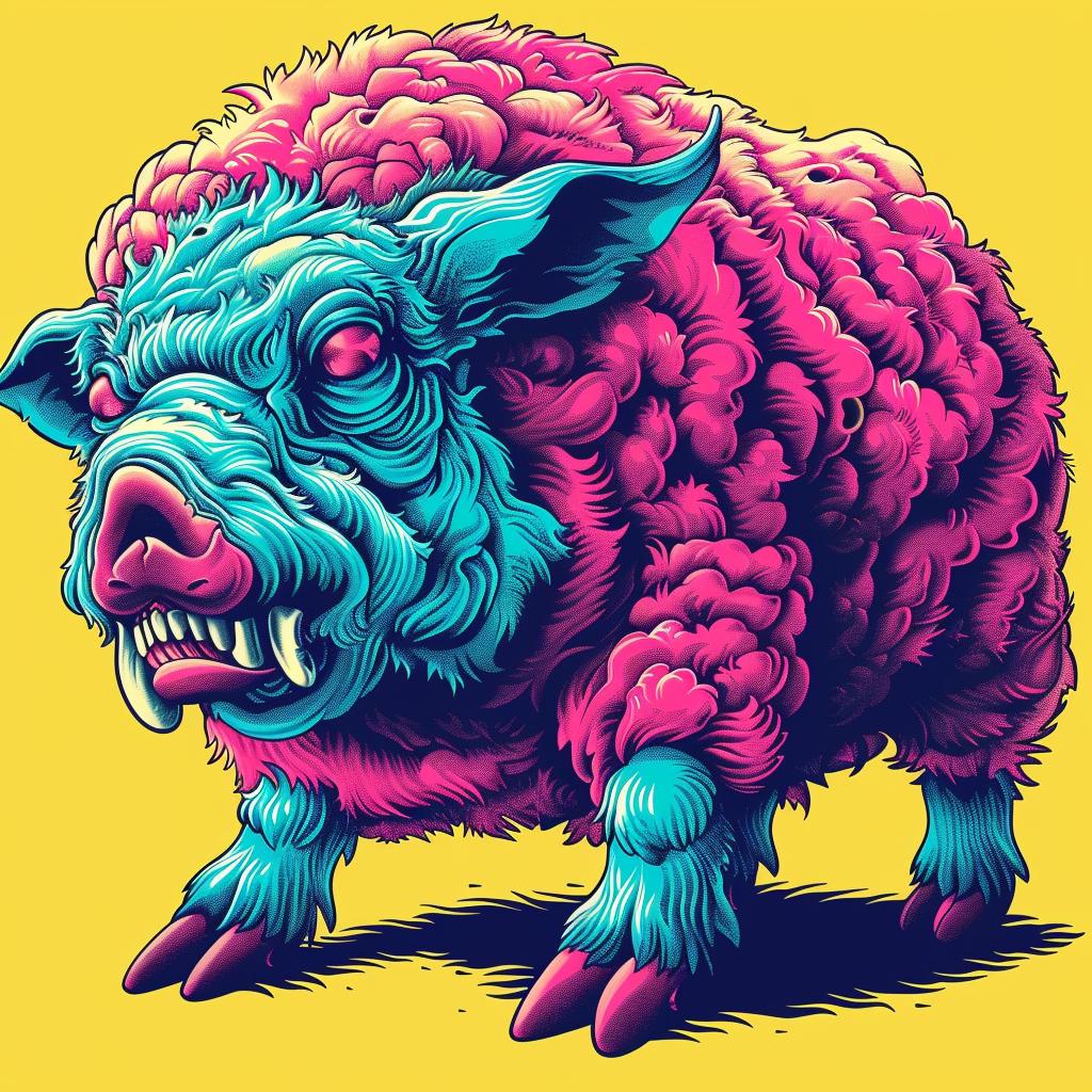 mythical  sheep-pig  terrifying  colorful  bigeyes  yellow  2d  flatart  whimsical  surreal 927930