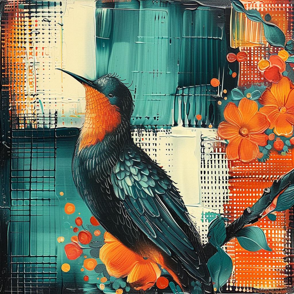 bird  branch  flowers  orange  hues  nature  floral  decorative  vibrant  art 963610